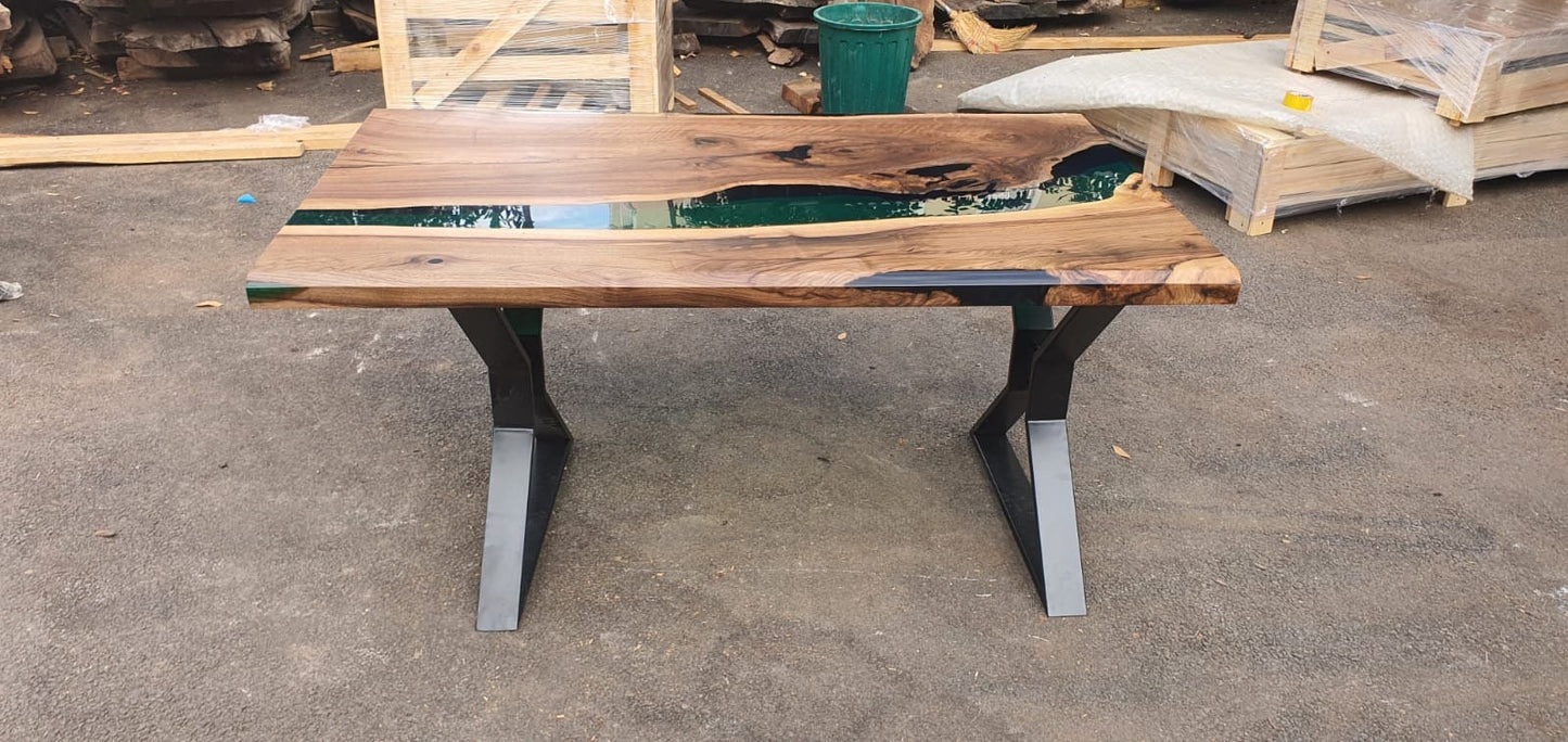 Live Edge Table, Custom 62” x 36" Walnut Wood Opaque Turquoise Table, Epoxy River Table, Handmade Epoxy Table, Custom Order for Tania
