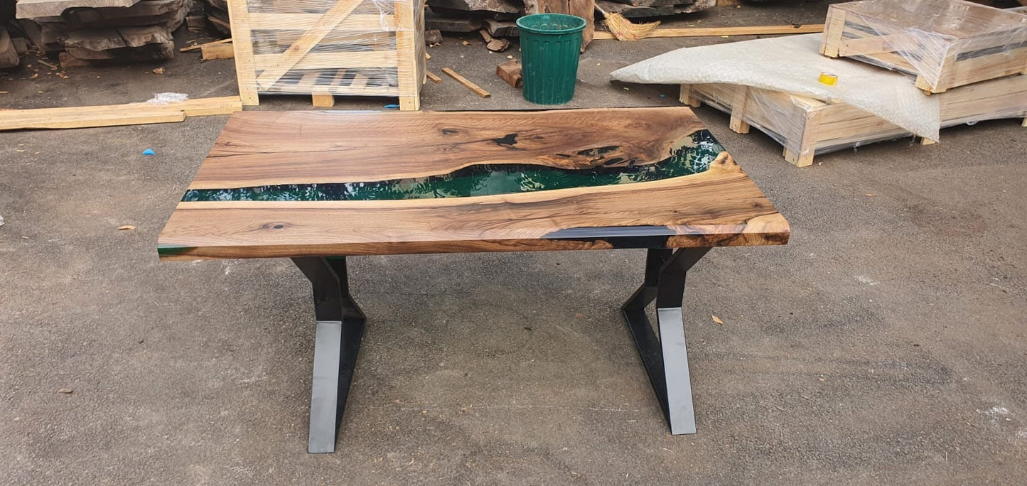 Live Edge Table, Custom 62” x 36" Walnut Wood Opaque Turquoise Table, Epoxy River Table, Handmade Epoxy Table, Custom Order for Tania
