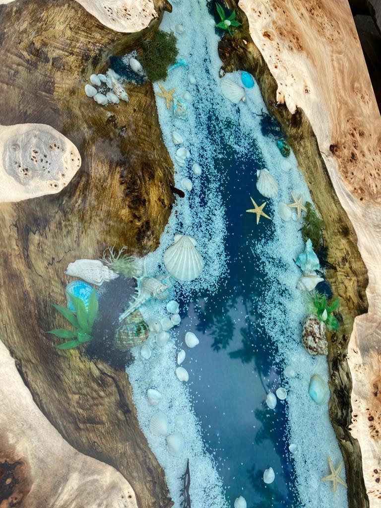 Ocean Table, Epoxy Table, Epoxy Dining Table, Custom 56” x 30” Poplar Wood Ocean Aquarium Theme Table, Epoxy River Table Order for Stephen