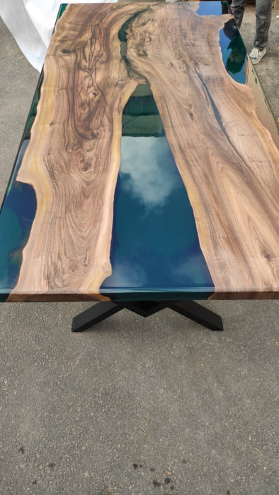 Walnut Dining Table, Custom 84” x 42” Walnut Transparent Turquoise Green Table, Epoxy Dining Table, Live Edge Table, Custom for Stephanie