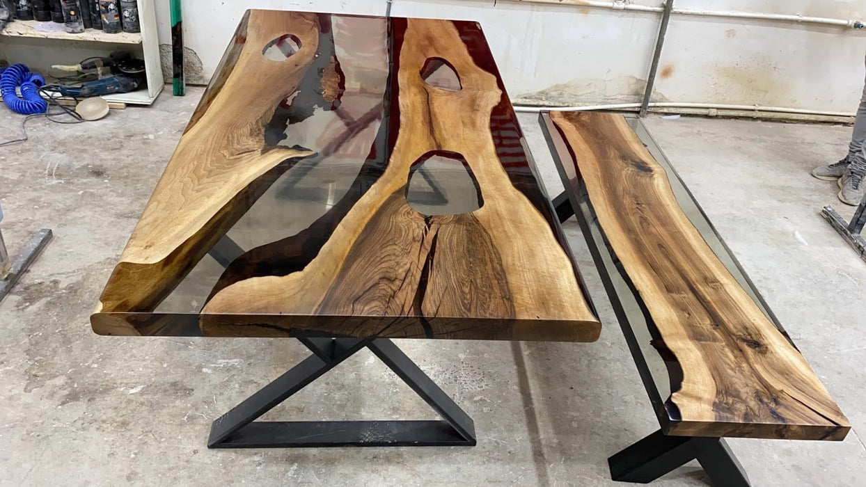 Handmade Epoxy Table, Custom 72” x 36” Walnut Smokey Gray Table, Epoxy Dining Table, River Table, Custom Order with Bench for Jasmine G
