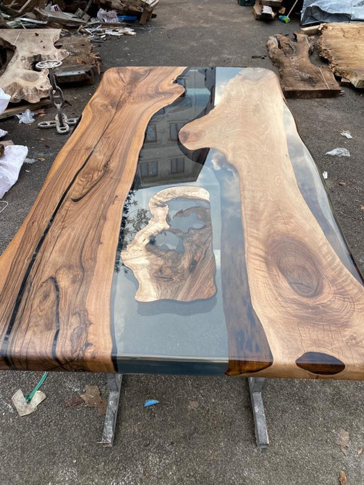 Walnut Dining Table, Live Edge Table, Custom 78” x 40” Walnut Smokey Gray Table, Epoxy River Table, Custom Order for Kari W
