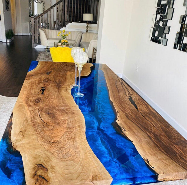 River Table, Custom 90” x 45” Walnut Deep Blue with Ocean Waves, Epoxy River Dining Table, Live Edge Table, Custom Order for Mona