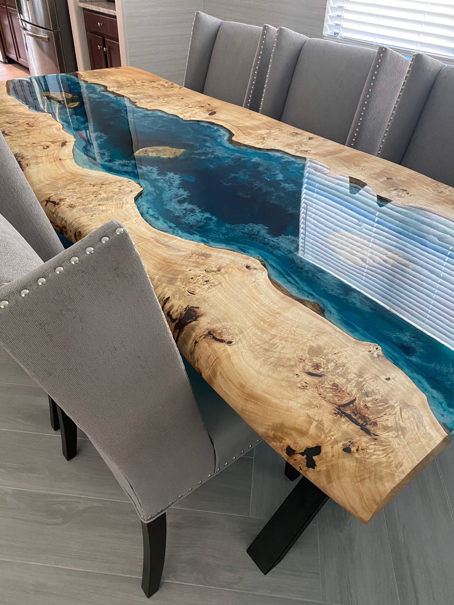 Handmade Epoxy Table, Custom 96” x 42” Poplar Wood Blue, Turquoise and White Waves Table, Epoxy River Dining Table, Order for Carolyn U