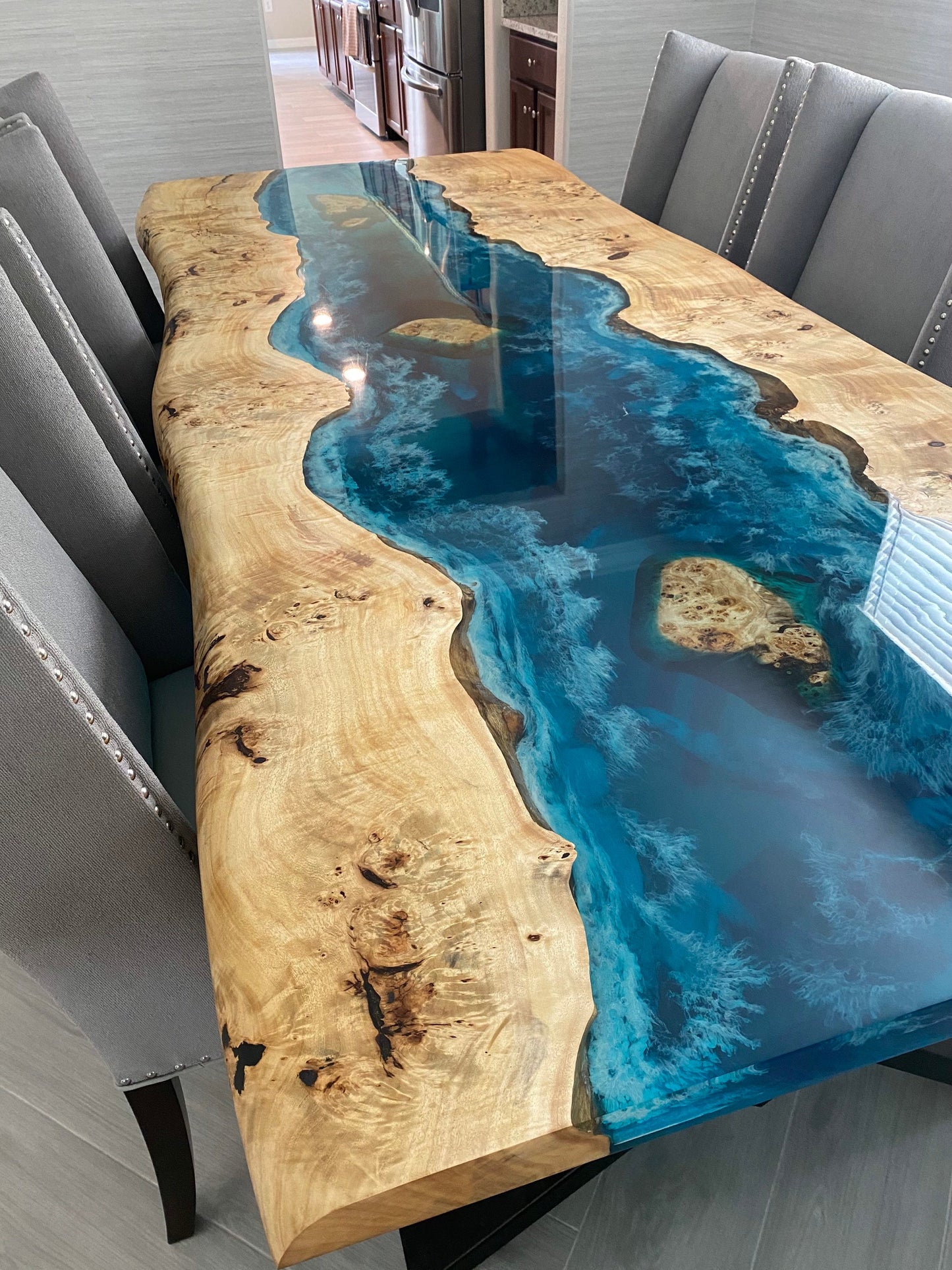 Handmade Epoxy Table, Custom 96” x 42” Poplar Wood Blue, Turquoise and White Waves Table, Epoxy River Dining Table, Order for Carolyn U
