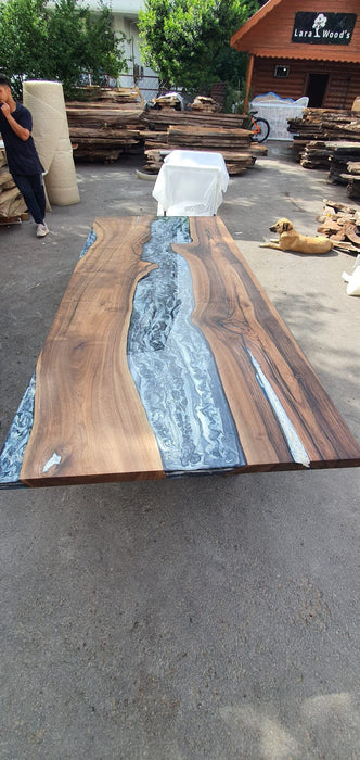 Epoxy Marble Table, Custom 96” x 42” Walnut Wood Gray Marble Affect Table, Epoxy Table, Live Edge Table, Epoxy Resin Table, for Korrine