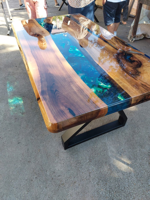 Walnut Dining Table, Epoxy Resin Table, Custom 65” x 36” Walnut Shiny Blue, Turquoise, Green Table, Epoxy Dining Table, Custom for Joshua
