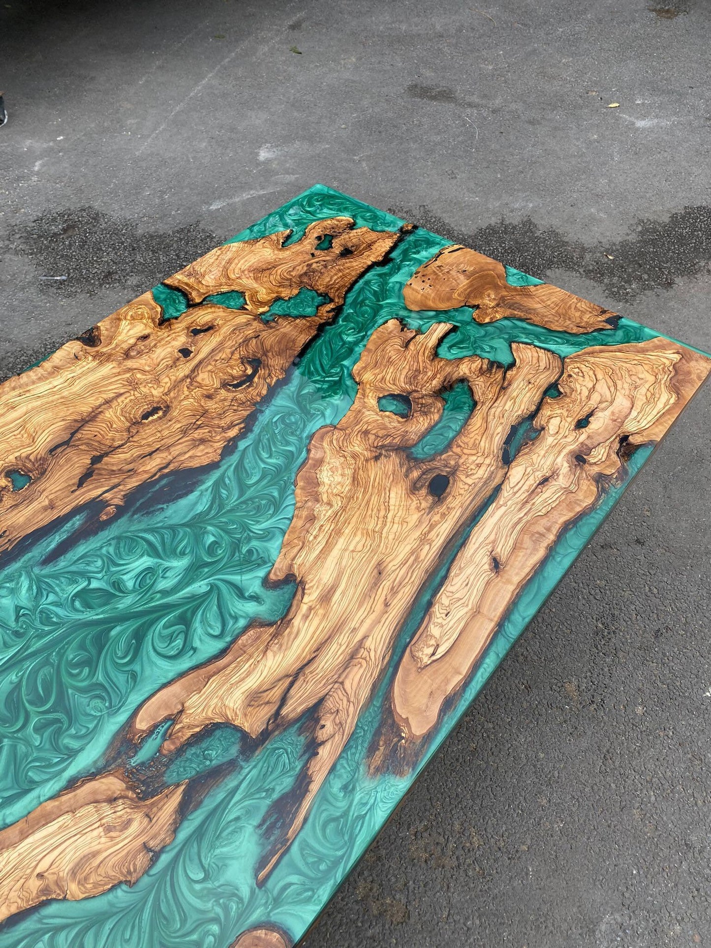Olive Wood Epoxy Table, Olive Wood Table, Custom 60” x 30” Olive Emerald Green Epoxy Table, River Dining Table, Custom Order for Laura W
