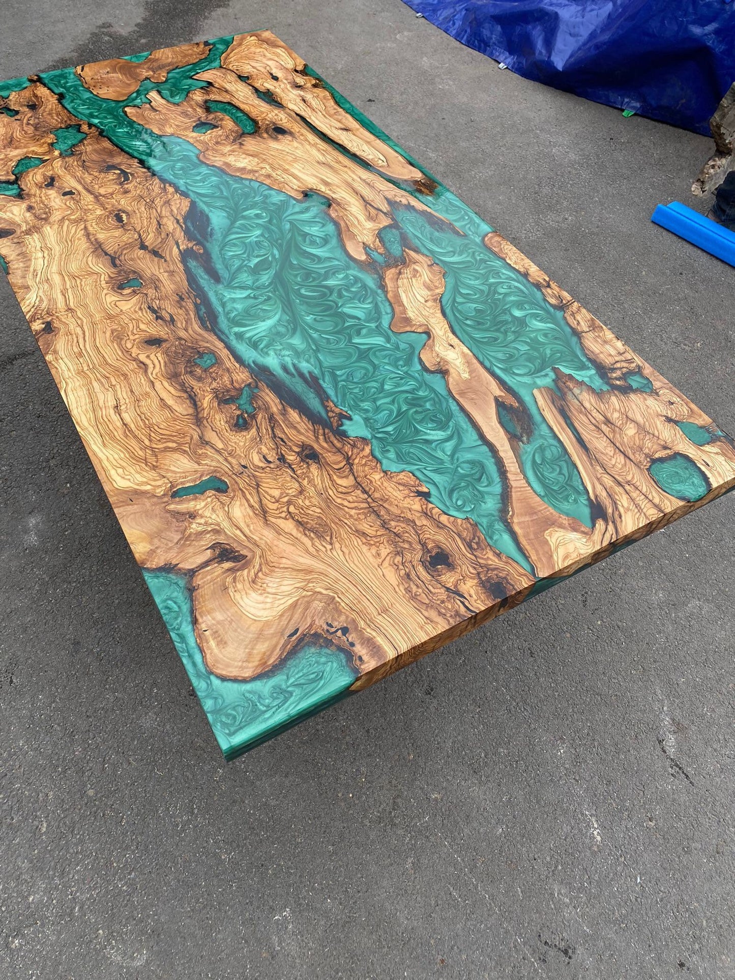 Olive Wood Epoxy Table, Olive Wood Table, Custom 60” x 30” Olive Emerald Green Epoxy Table, River Dining Table, Custom Order for Laura W