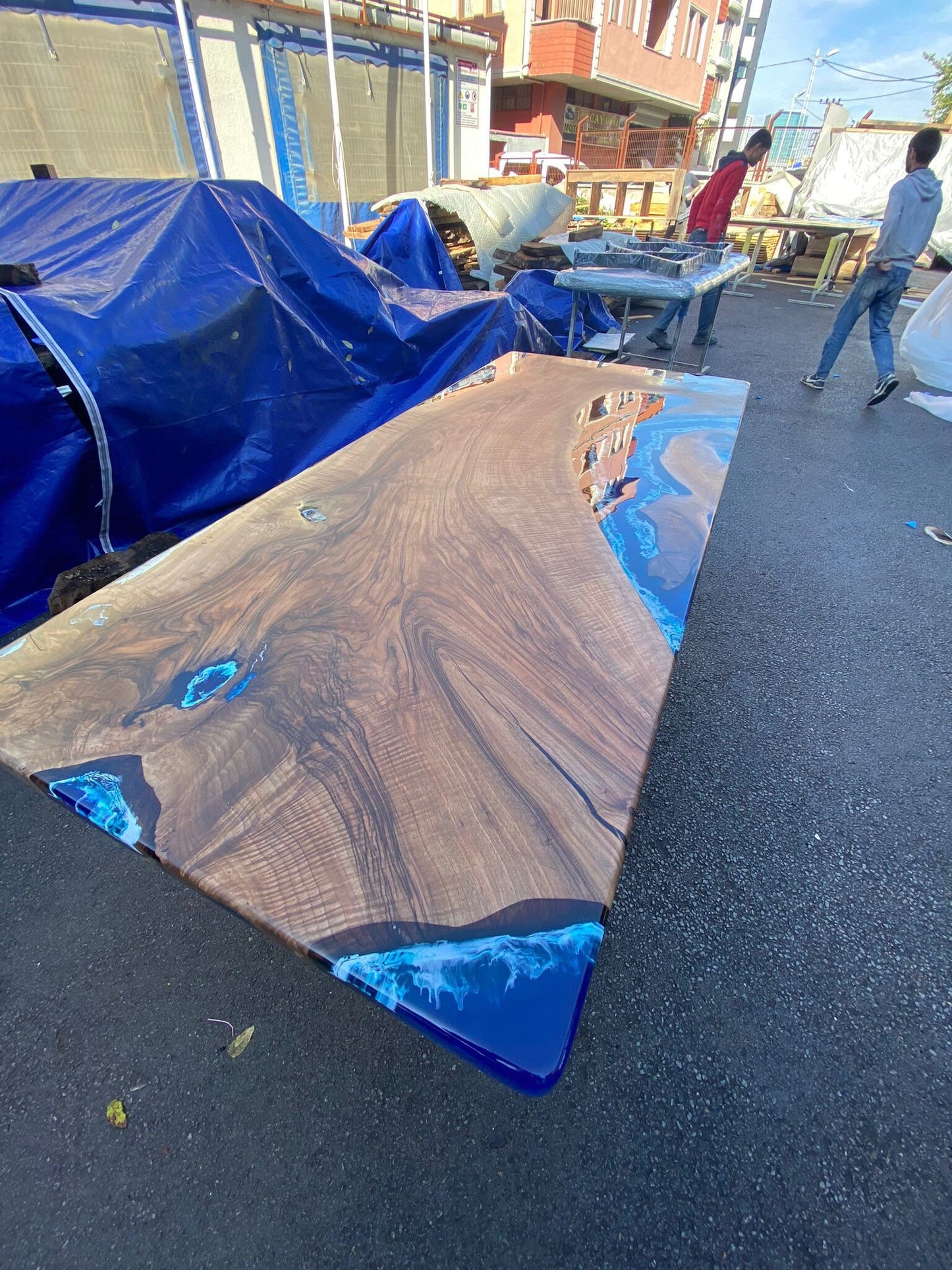 Walnut Dining Table, Custom 96” x 42” Walnut Ocean Blue, White Epoxy Table, Epoxy River Dining Table, River Table, Custom Order for Nicole S