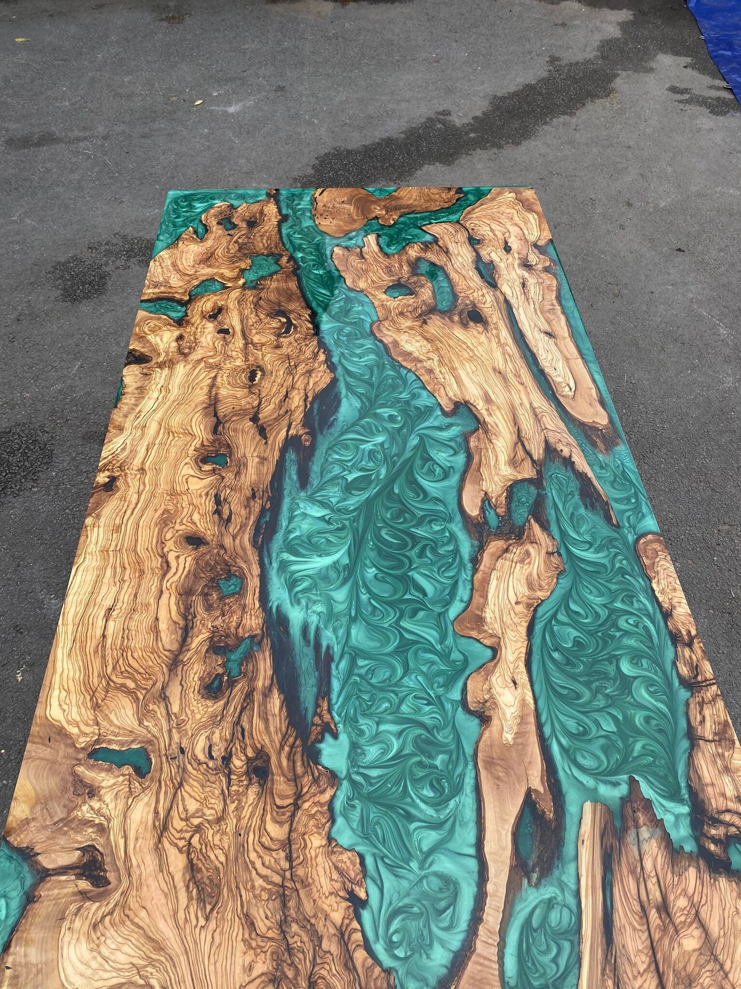 Olive Wood Epoxy Table, Olive Wood Table, Custom 60” x 30” Olive Emerald Green Epoxy Table, River Dining Table, Custom Order for Laura W