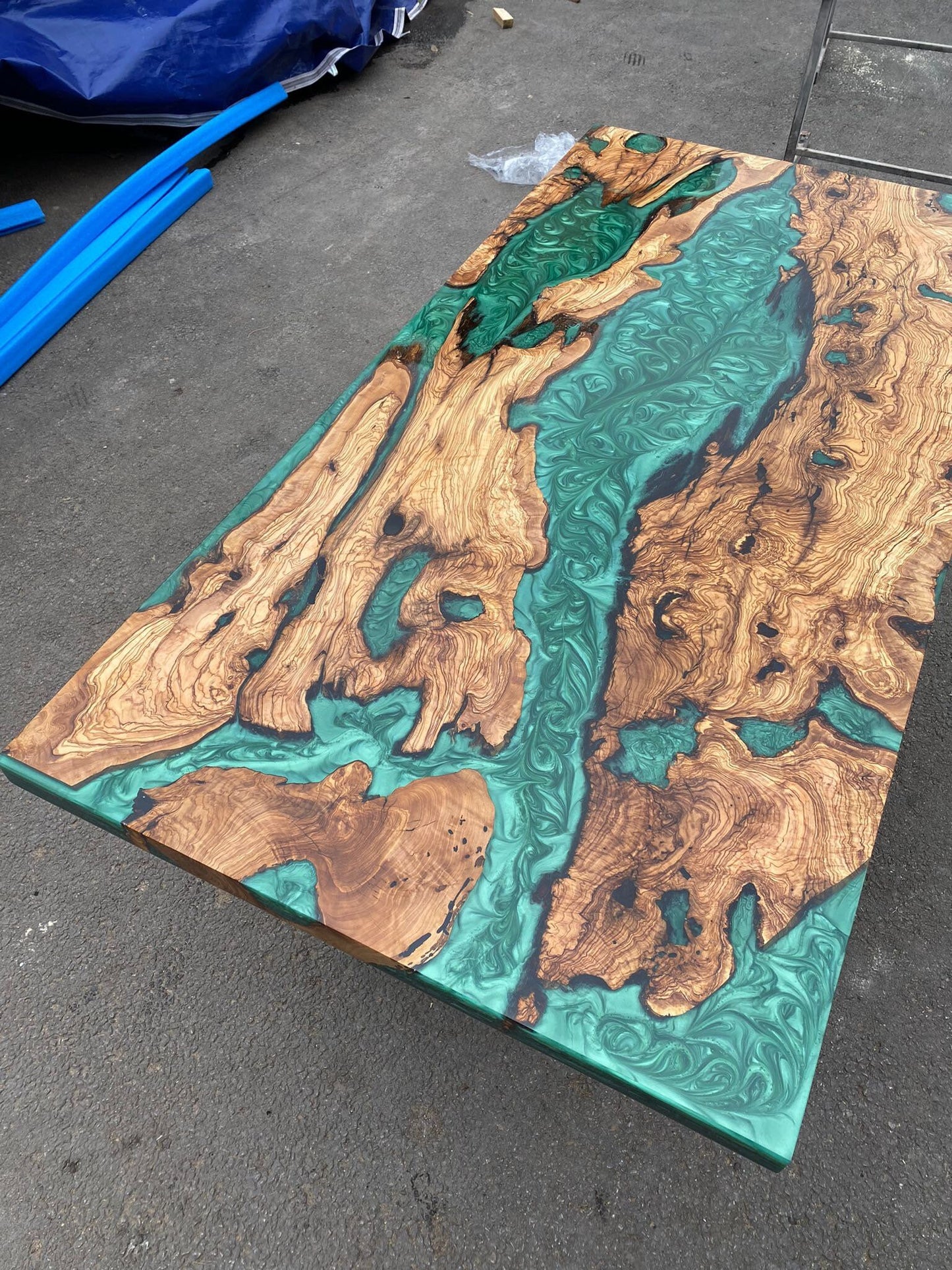 Olive Wood Epoxy Table, Olive Wood Table, Custom 60” x 30” Olive Emerald Green Epoxy Table, River Dining Table, Custom Order for Laura W