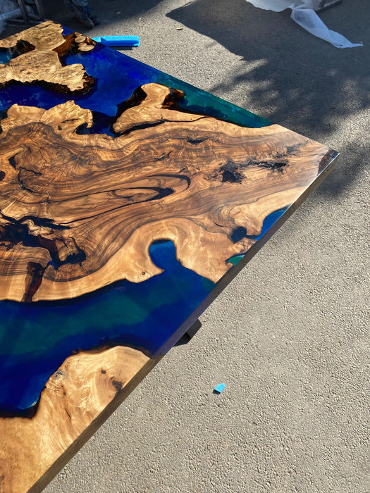 Live Edge Table, Custom 80” x 46” Walnut Blue, Turquoise, Green Table, Epoxy River Table, Epoxy Dining Table, Custom Order for Yuan Z