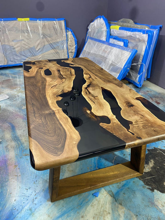 Epoxy Table, Epoxy Dining Table, Custom 78” x 38” Walnut Smokey Gray Table, Epoxy River Table, Live Edge Table, Custom Order for Andrea F