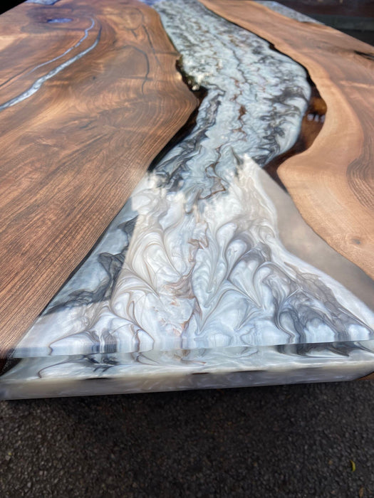 Epoxy Marble Table, Custom 78” x 42” Walnut Wood Gray Marble Affect Table, Epoxy Table, Live Edge Table, Custom for Amber M
