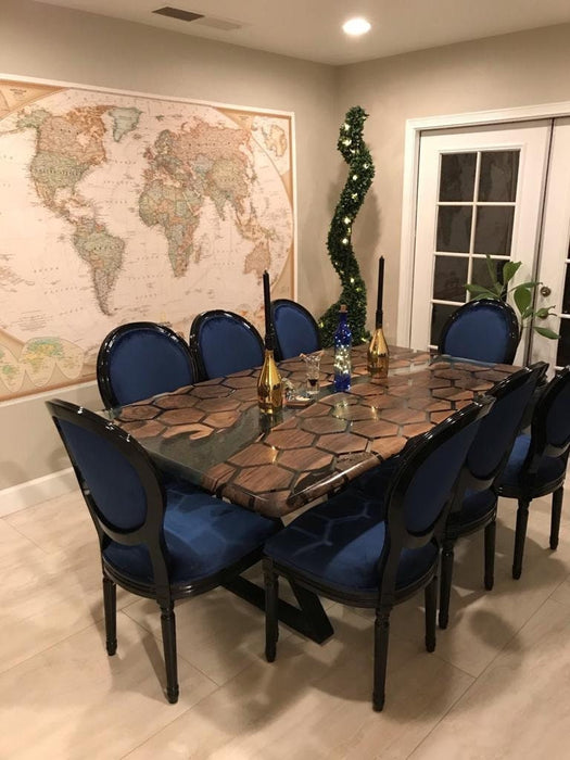 Epoxy Table, Epoxy Dining Table, Walnut Epoxy Table, Custom 72” x 44” Clear Epoxy Table, Hexagon Honeycomb Walnut Table for Kristin F