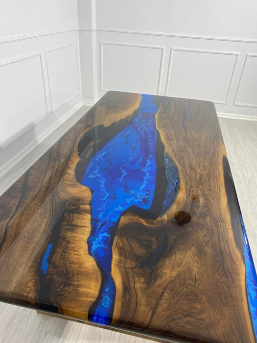 Handmade Epoxy Table, Custom 96” x 45” Walnut Wood Deep Blue and Turquoise Table, River Table, Epoxy Dining Table, Order for Suzanne