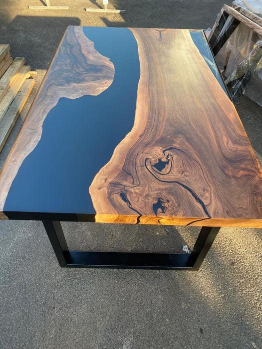 Black Resin Table, Epoxy Dining Table, Epoxy Resin Table, Custom 56” x 36” Walnut Table, Black Epoxy River Dining Table for Troy