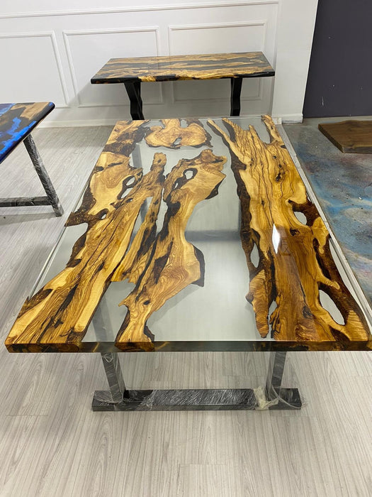 Olive Wood Epoxy Table, Custom 72” x 38” Epoxy Table, Olive Wood Clear Epoxy, Epoxy Dining Table, Live Edge Table, Custom Order for Bryan