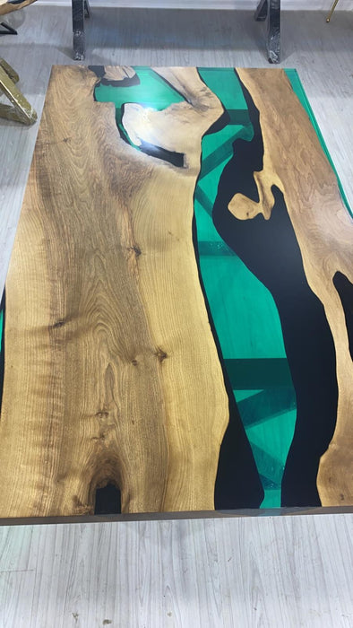 Live Edge Table, Custom 72” x 40” Walnut Translucent Green Epoxy Table, Epoxy River Dining Table, Wooden Table, Custom Order for Heather M