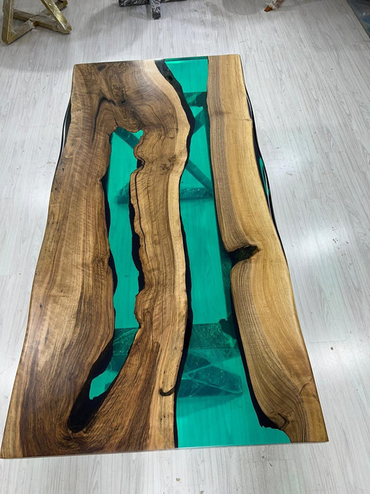 Live Edge Table, Custom 70” x 34” Walnut Translucent Transparent Turquoise Epoxy Table, Epoxy River Dining Table, Custom Order for Kelley