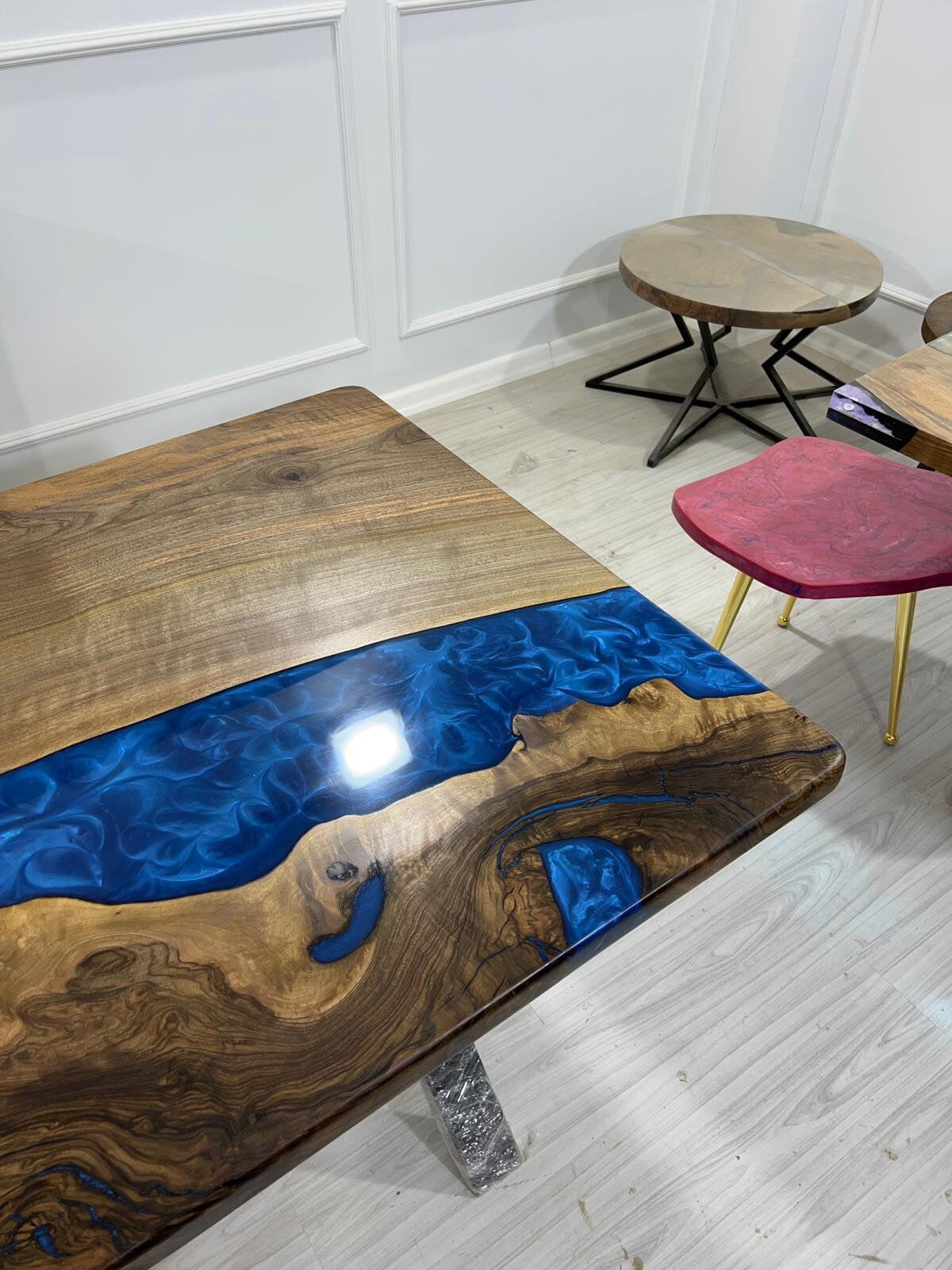 Epoxy Dining Table, Custom 84” x 36” Walnut Deep Blue and Turquoise Table, Live Edge Modern Design Table, Custom Order for Laura