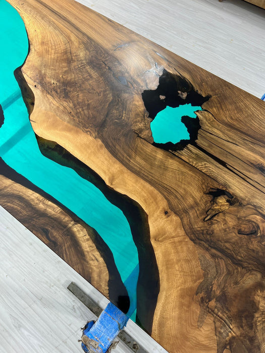 Live Edge Table, Custom 72” x 30” Walnut Translucent Transparent Turquoise Epoxy Table, Epoxy River Dining Table, Custom Order for Kyle H