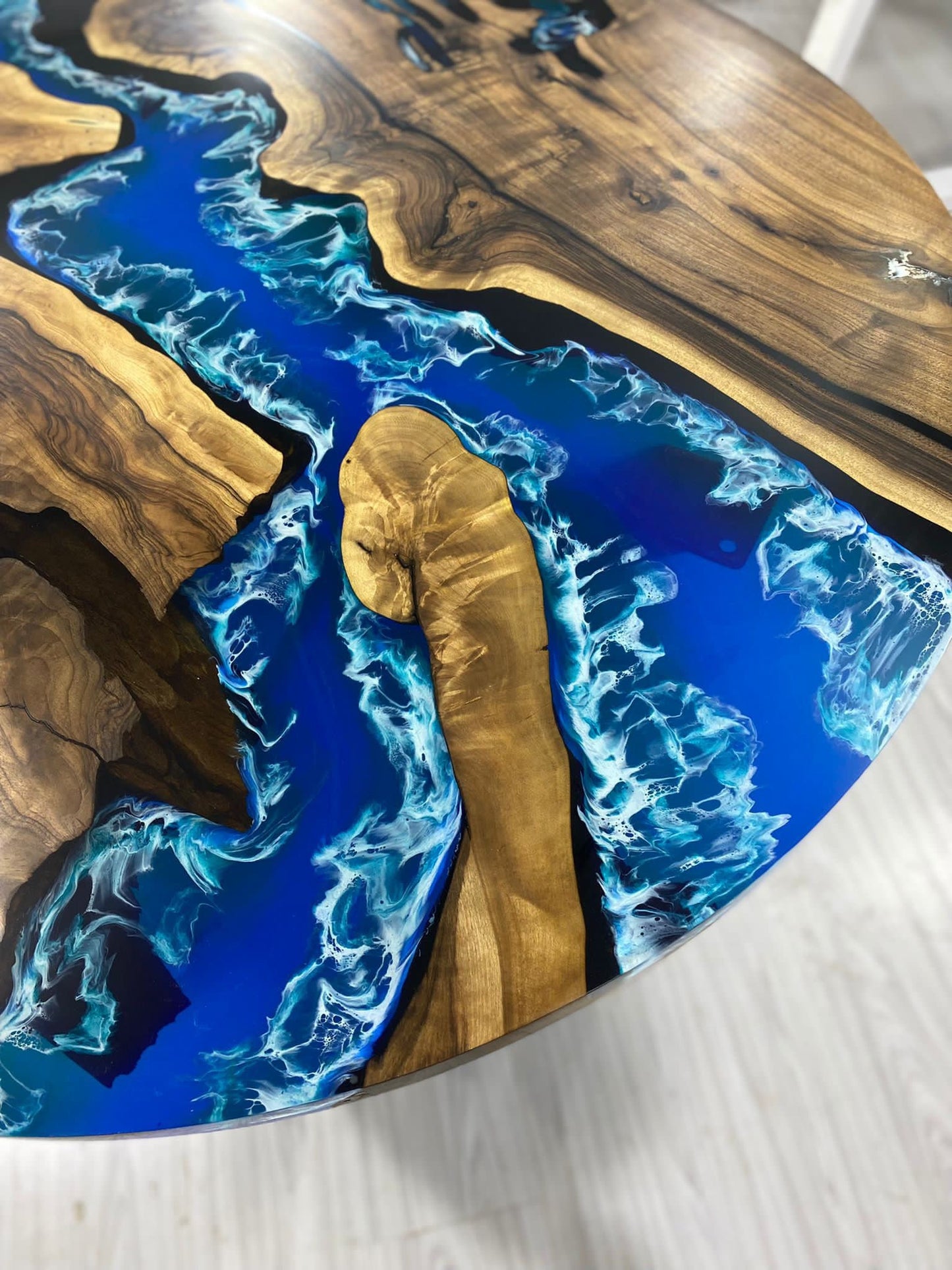 Round Dining Table, Custom 45” Diameter Round Walnut Wood Blue Table, Turquoise, White Waves Epoxy Dining Table, Custom Order for Edward