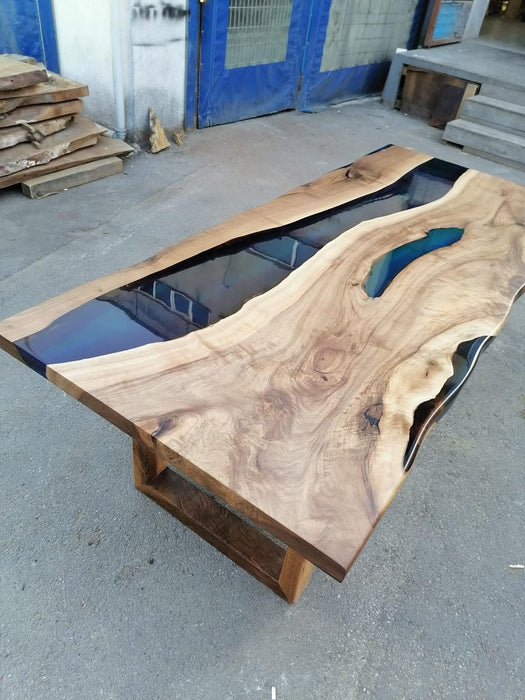 Handmade Epoxy Table, Custom 86” x 36” Walnut Blue Epoxy Table, River Dining Bench, Live Edge Table, River Table, Custom Order for Ksenia
