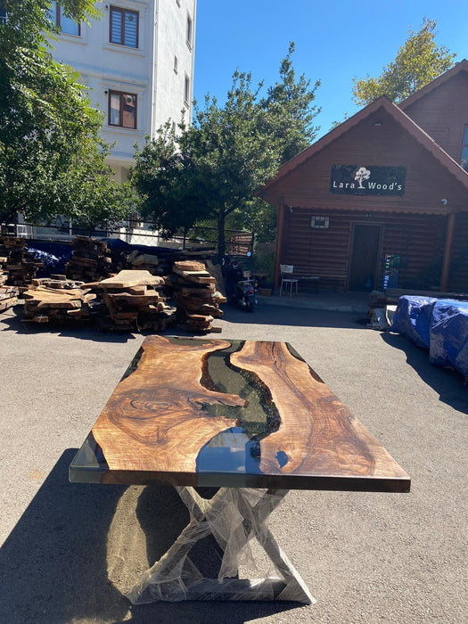 Custom 84" x 42" Walnut Wood Transparent Gray Epoxy Table Order for Jeff