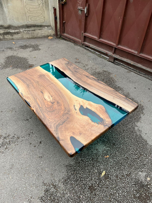 Live Edge Table, Custom 54” x 36” Walnut Translucent Transparent Turquoise Epoxy Table, Epoxy River Dining Table, Custom Order for Bret B