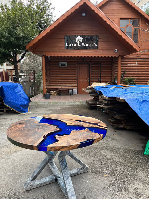 Custom 48” Round Walnut Blue Epoxy Table, Epoxy Dining Table, Live Edge Table, Order for Barbara 1