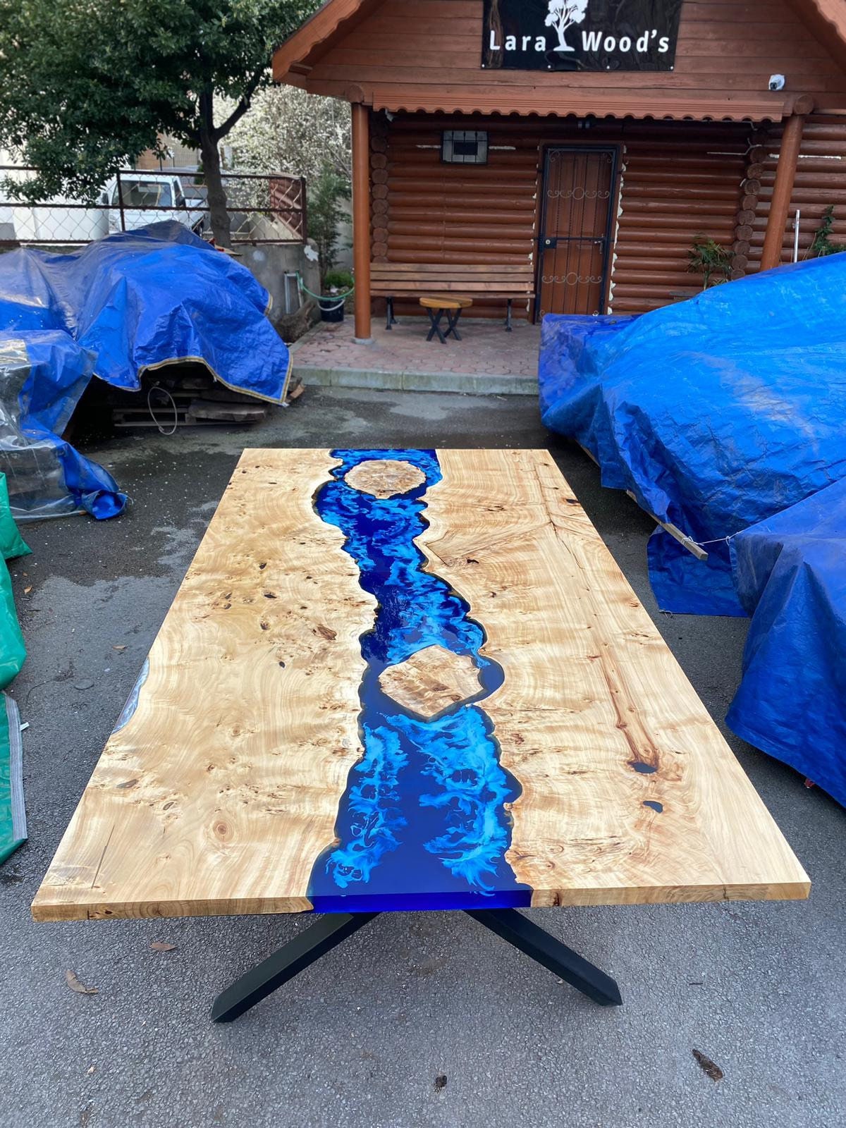 Custom 115” x 60” Poplar Wood Blue, Turquoise and White Waves Table, Epoxy River Dining Table, Order for Rick B