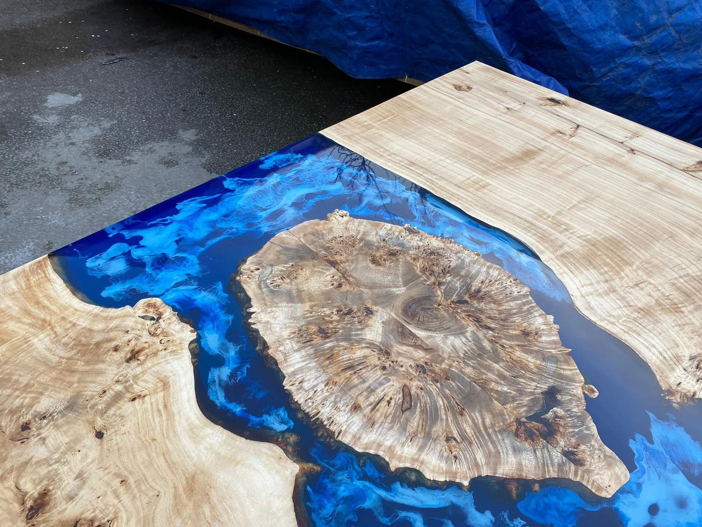 Custom 115” x 60” Poplar Wood Blue, Turquoise and White Waves Table, Epoxy River Dining Table, Order for Rick B