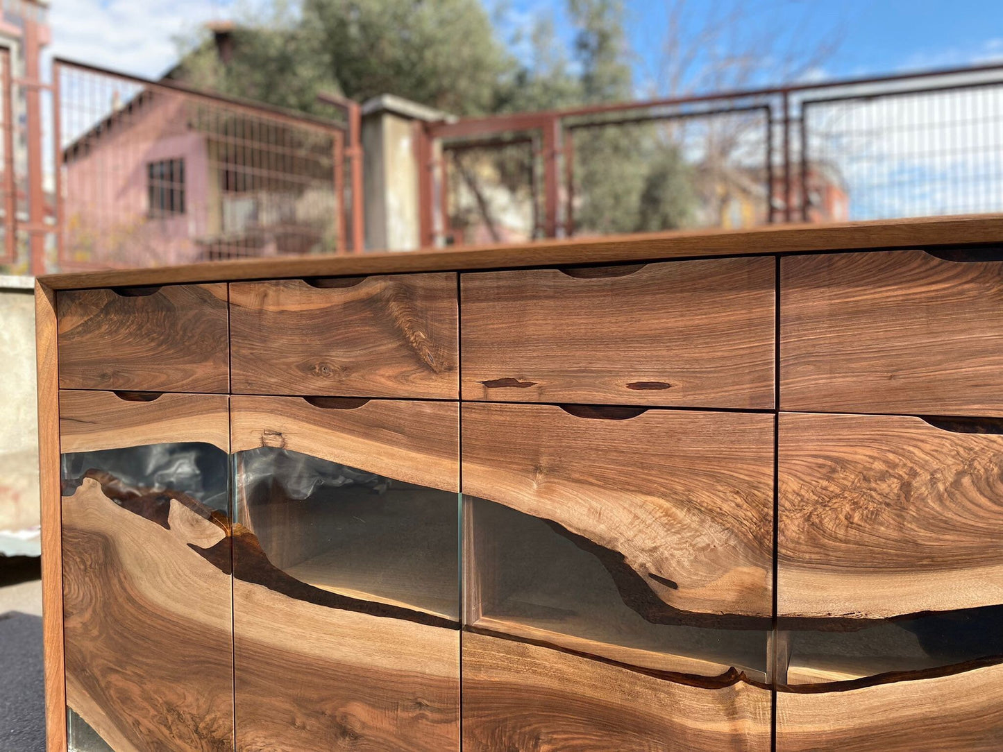 Custom Epoxy Console, 60” x 16” x 36” Wood Epoxy Resin Credenza, Walnut Epoxy Epoxy Credenza, Dining Room Sideboard for Kelly O