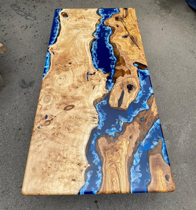 Epoxy Coffee Table, Epoxy Resin Table, Custom 96” x 44” Poplar and Olive Wood Blue Epoxy Waves Live Edge Table, Custom Order for Jordan H