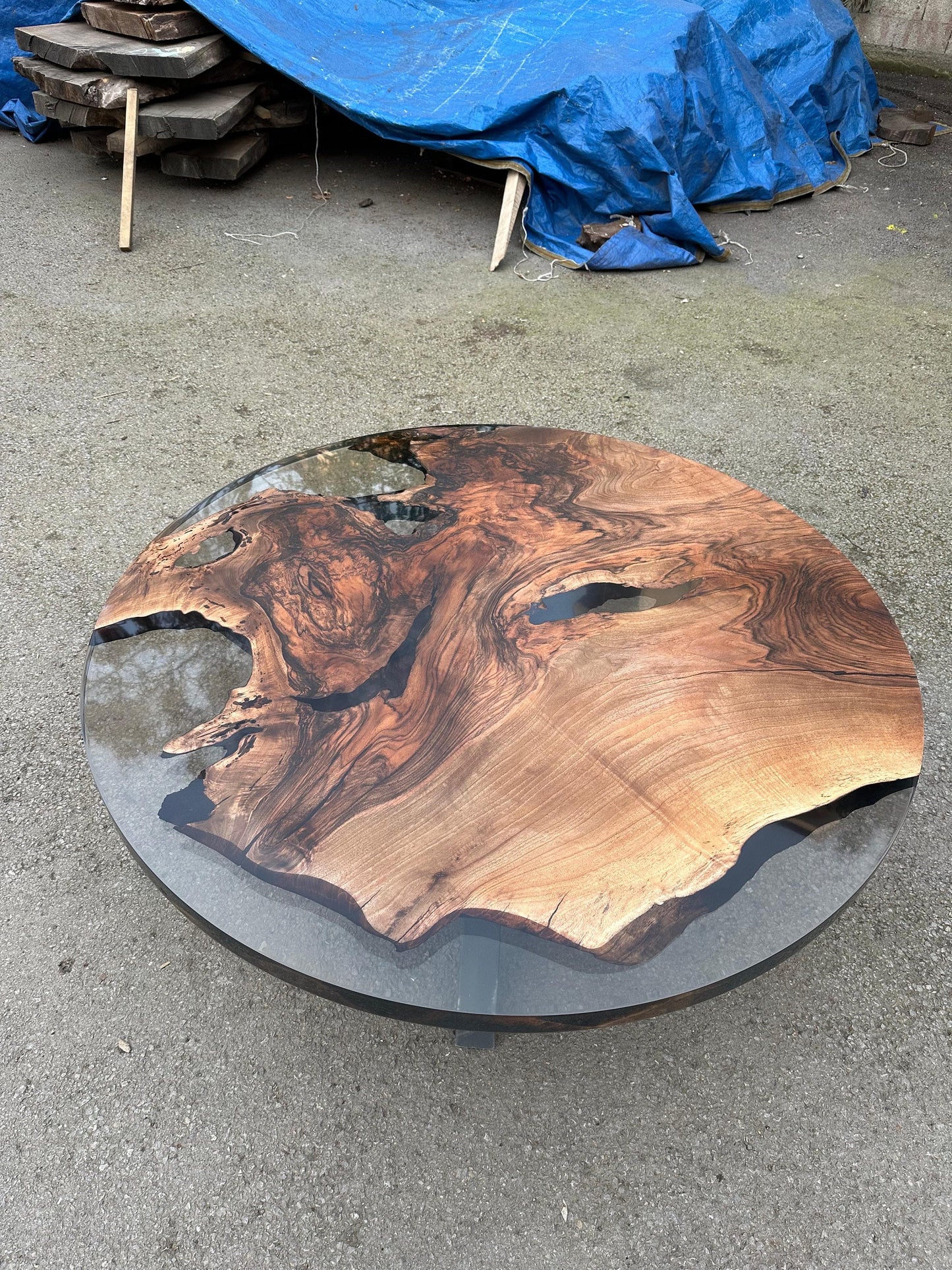 Epoxy Coffee Table, Epoxy Resin Coffee Table, Custom 48” Diameter Round Walnut Smokey Gray Epoxy Table Order for Valerie L