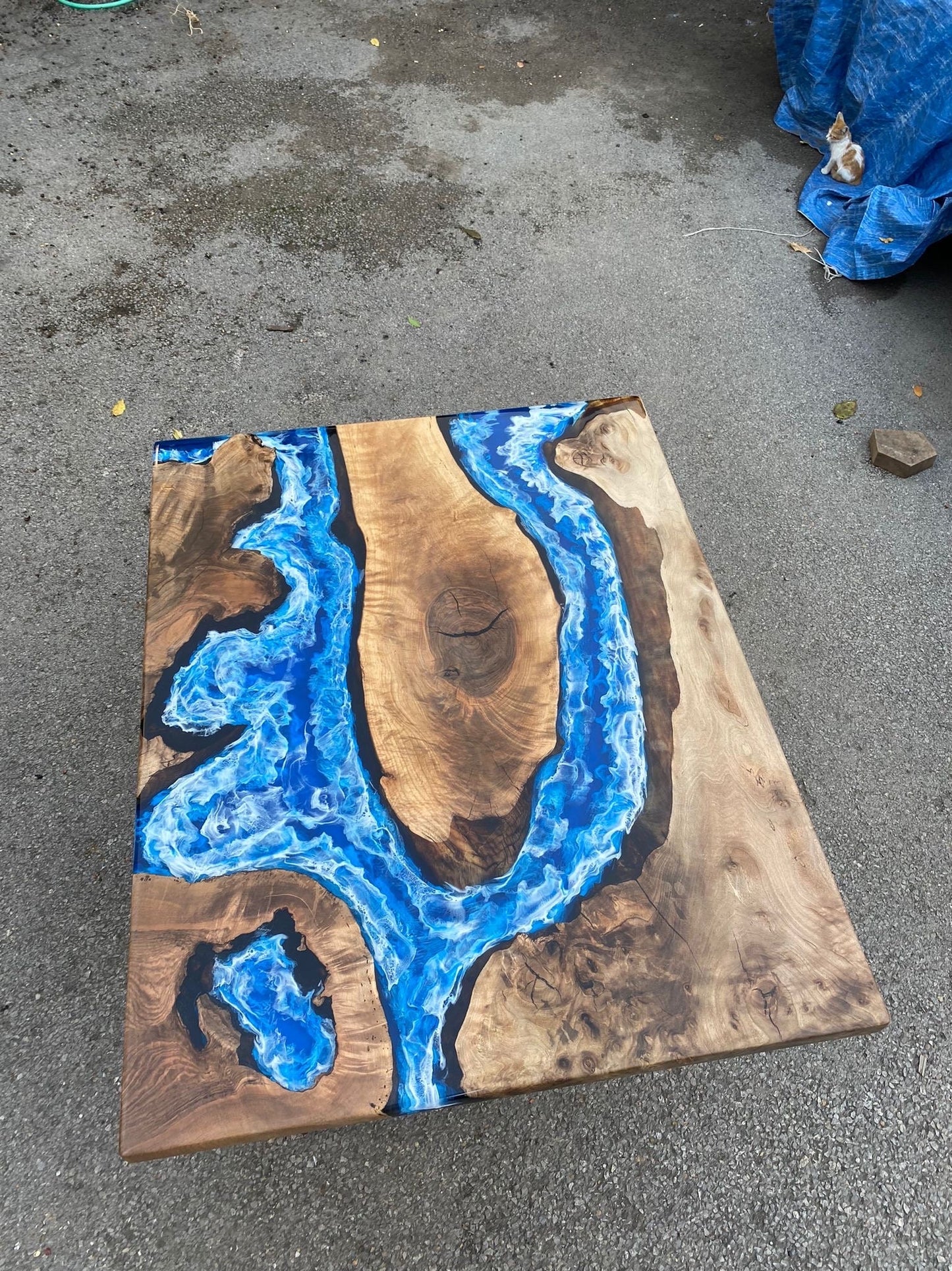 Live Edge Table, Custom 45” x 35” Walnut Ocean Blue, Turquoise White Waves Epoxy Table, Epoxy River Table, Live Edge Table Order for Alan