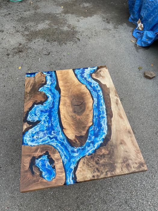 Live Edge Table, Custom 45” x 35” Walnut Ocean Blue, Turquoise White Waves Epoxy Table, Epoxy River Table, Live Edge Table Order for Alan