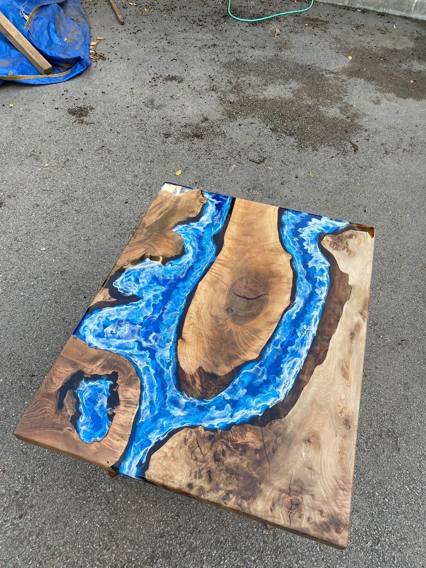 Live Edge Table, Custom 45” x 35” Walnut Ocean Blue, Turquoise White Waves Epoxy Table, Epoxy River Table, Live Edge Table Order for Alan