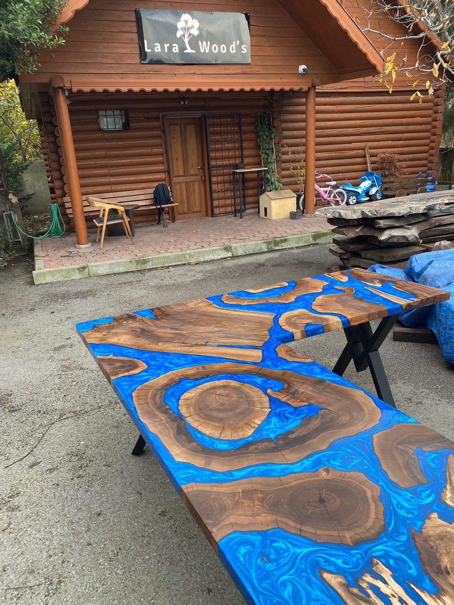 Custom 90” x 78” x 30”D Walnut Wood Epoxy Blue, Turquoise, Green River L shape Office Desk Table Order for Nicholas