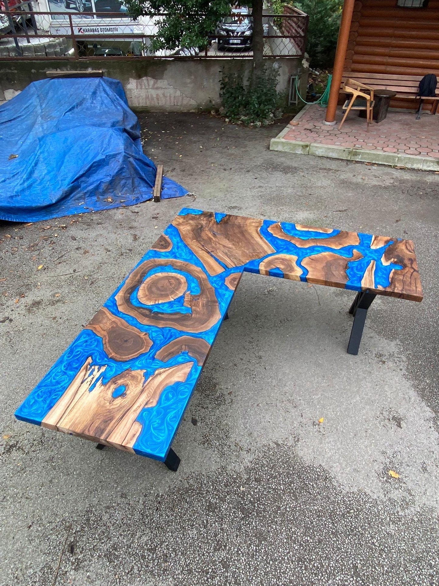Custom 90” x 78” x 30”D Walnut Wood Epoxy Blue, Turquoise, Green River L shape Office Desk Table Order for Nicholas
