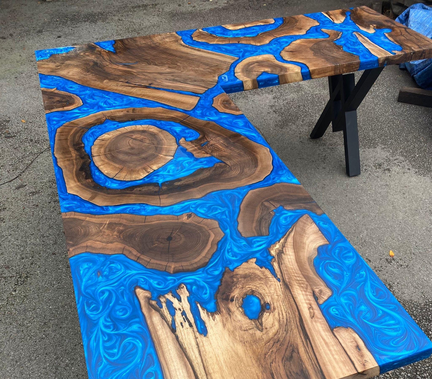 Custom 90” x 78” x 30”D Walnut Wood Epoxy Blue, Turquoise, Green River L shape Office Desk Table Order for Nicholas