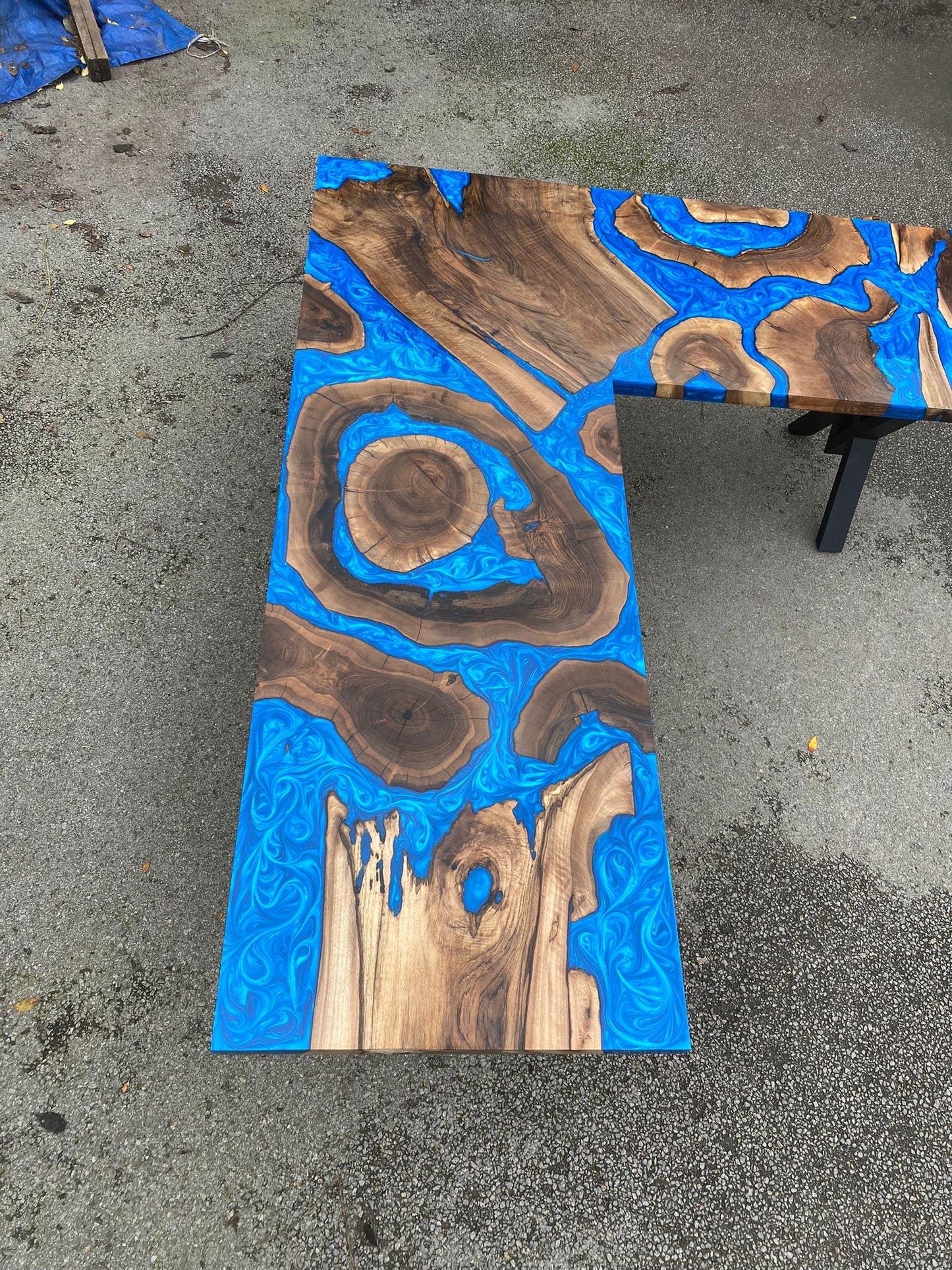 Custom 90” x 78” x 30”D Walnut Wood Epoxy Blue, Turquoise, Green River L shape Office Desk Table Order for Nicholas