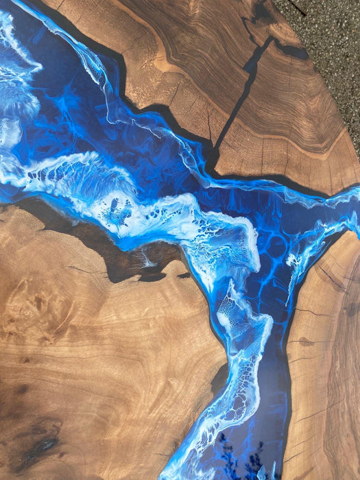 Custom 48” Round Walnut Dark Blue, Turquoise and White Swirls Ocean Epoxy Dining Table