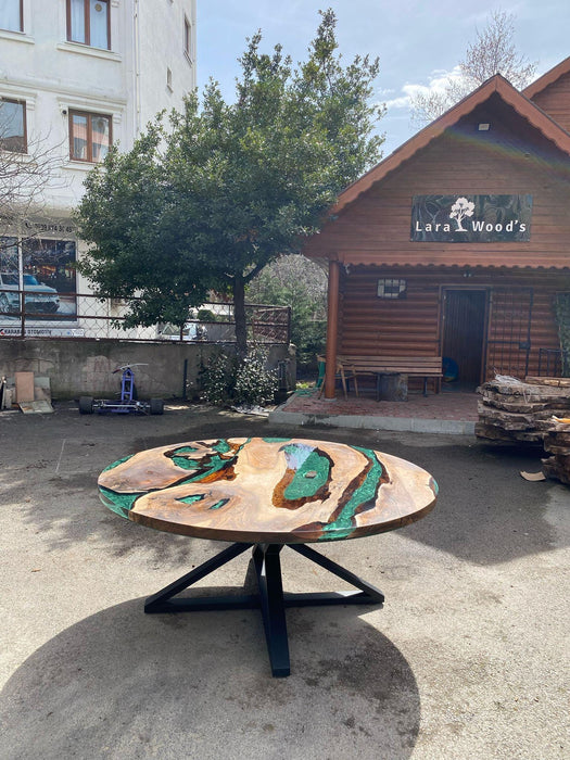 Epoxy Table, Emerald Green Epoxy Dining Table, Walnut Epoxy River Table, Custom 180 cm Round Walnut Epoxy Amethys Stone Order for Sarah L