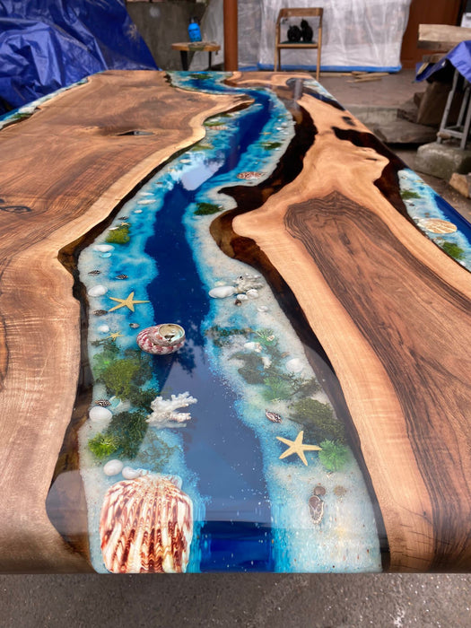 Handmade Epoxy Table, Epoxy Dining Table, Epoxy Resin Table, Custom 96” x 40” Walnut Wood Ocean Theme Epoxy, River Table, Order for Arif M2