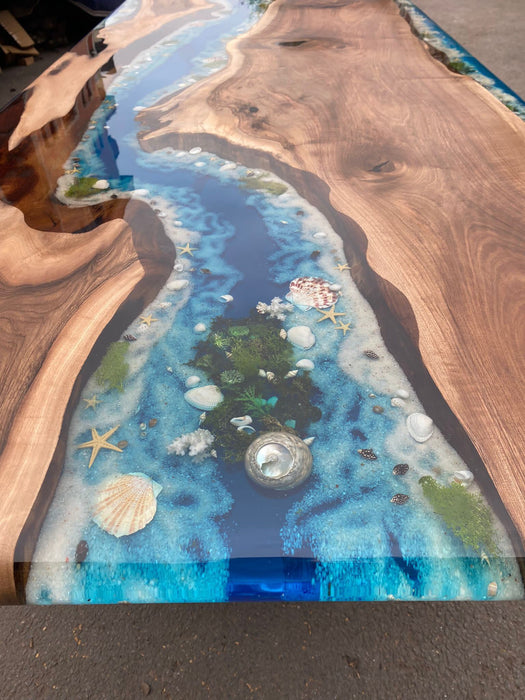 Handmade Epoxy Table, Epoxy Dining Table, Epoxy Resin Table, Custom 96” x 40” Walnut Wood Ocean Theme Epoxy, River Table, Order for Arif M2