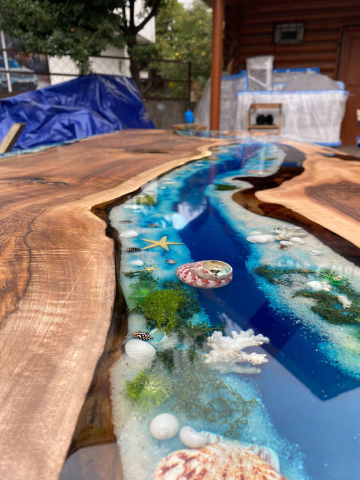 Handmade Epoxy Table, Epoxy Dining Table, Epoxy Resin Table, Custom 96” x 40” Walnut Wood Ocean Theme Epoxy, River Table, Order for Arif M2