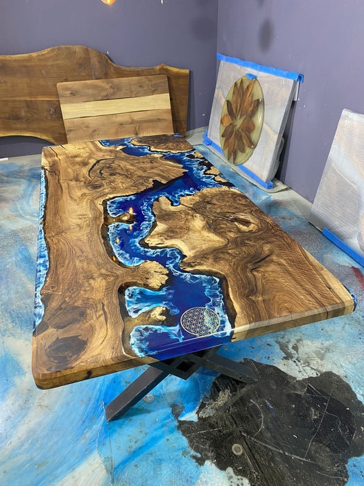 Handmade Epoxy Table, Epoxy Dining Table, Custom 86” x 42” Walnut Blue, Turquoise, Green Epoxy Table, Epoxy Dining Table, Custom for Mari